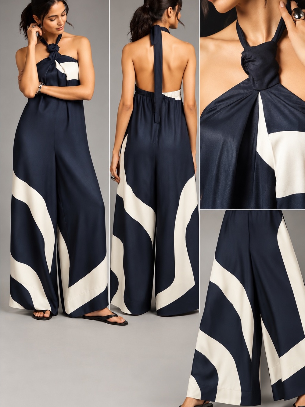 New with Tag! Anthropologie Black and White Tie Neck Halter Wide-Leg Jumpsuit M